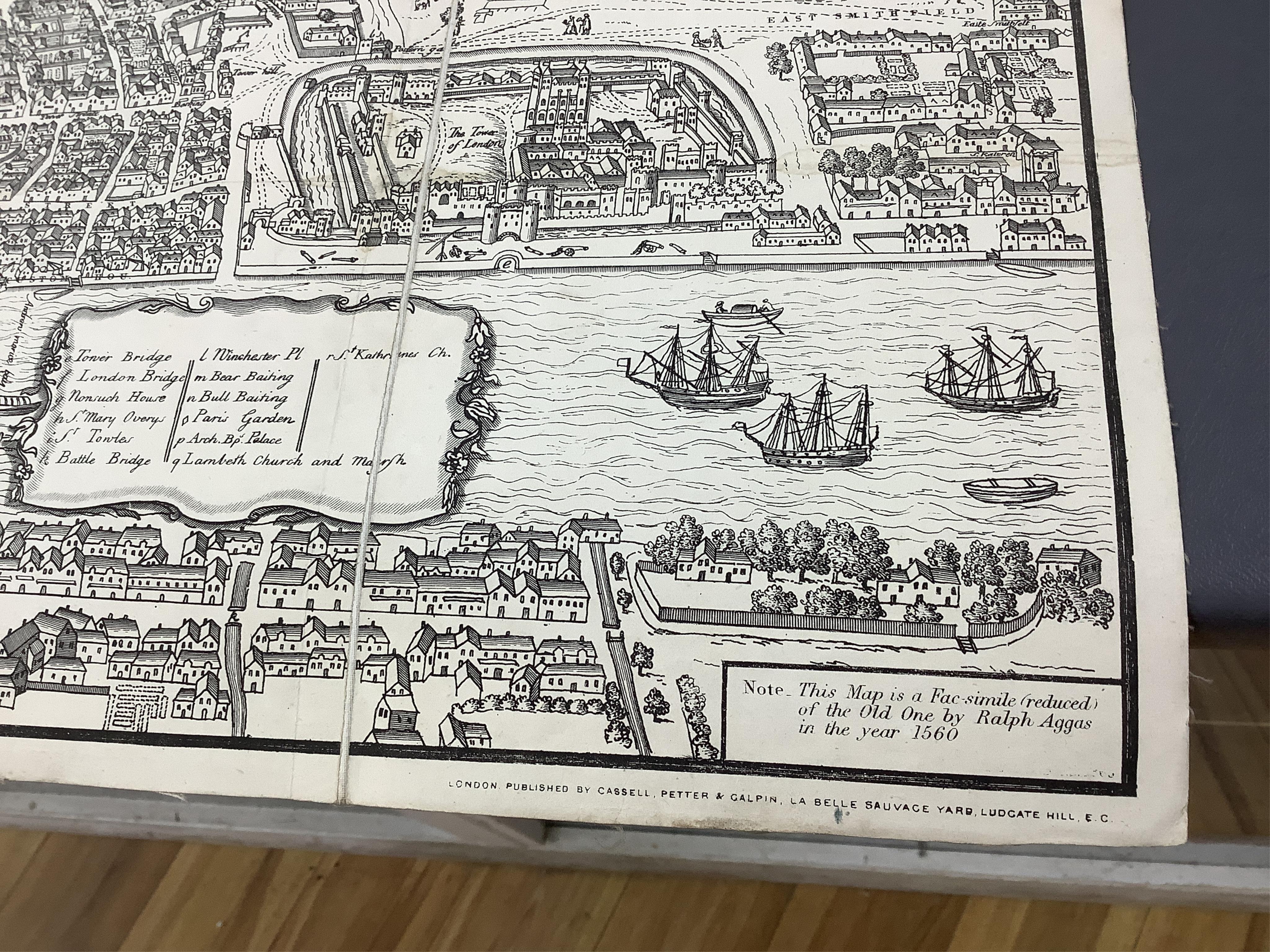 Three maps comprising: After John Senex, A New Map of London, 1720, published by Cassell, Petter & Galpin, linen backed folding map, with slipcase, London in the Reign of Queen Elizabeth, published by Cassell, linen back